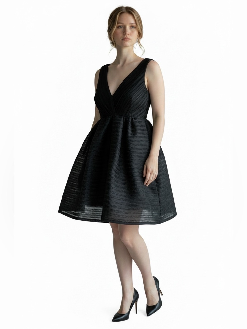 SAKS FIFTH AVENUE Women's Size Large Black V-Neck Perforated Dress MADE USA
